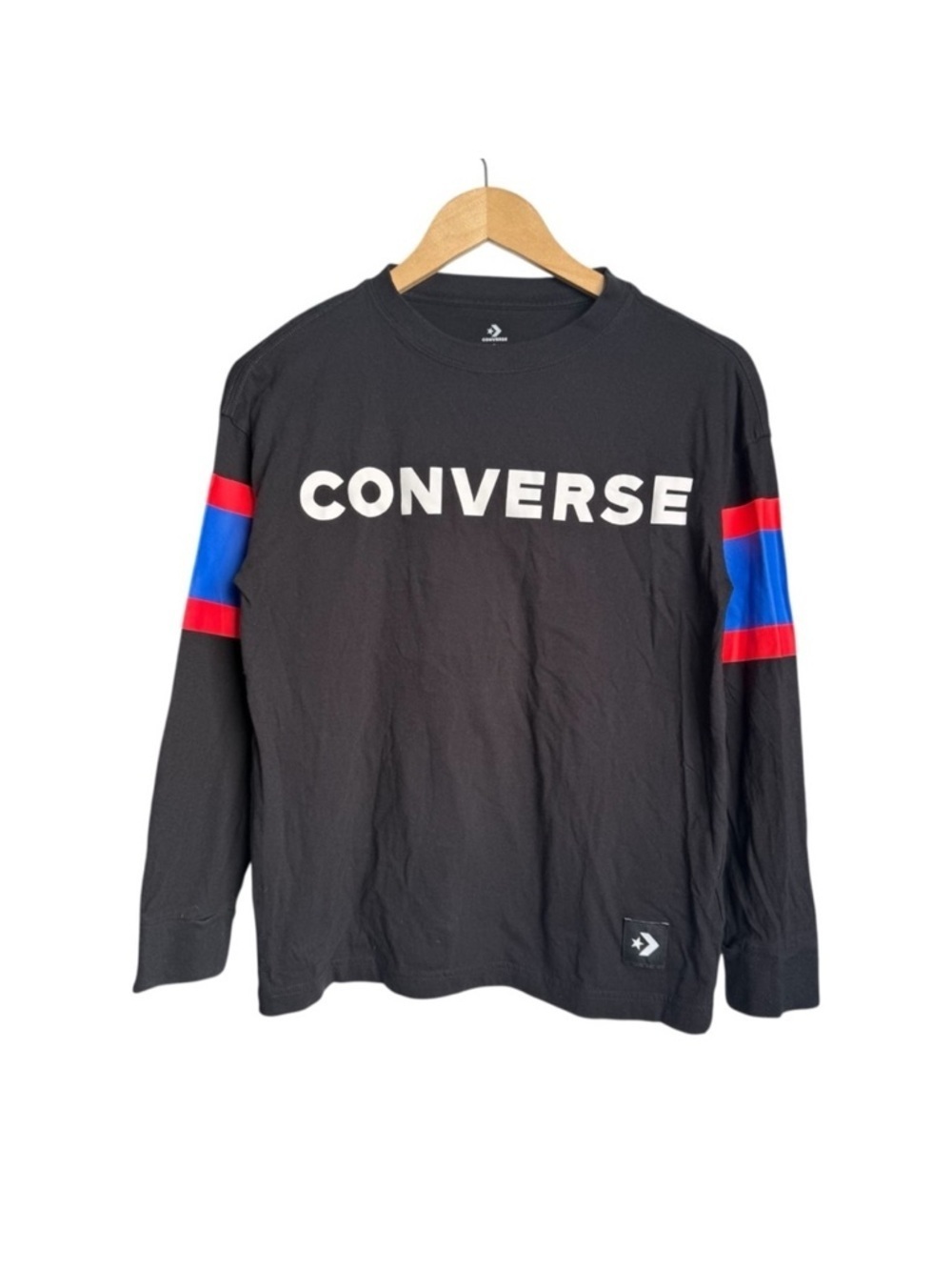 Converse Logo Print 3/4 Sleeve Stripes Shirt Black Juniors Large / 12 years